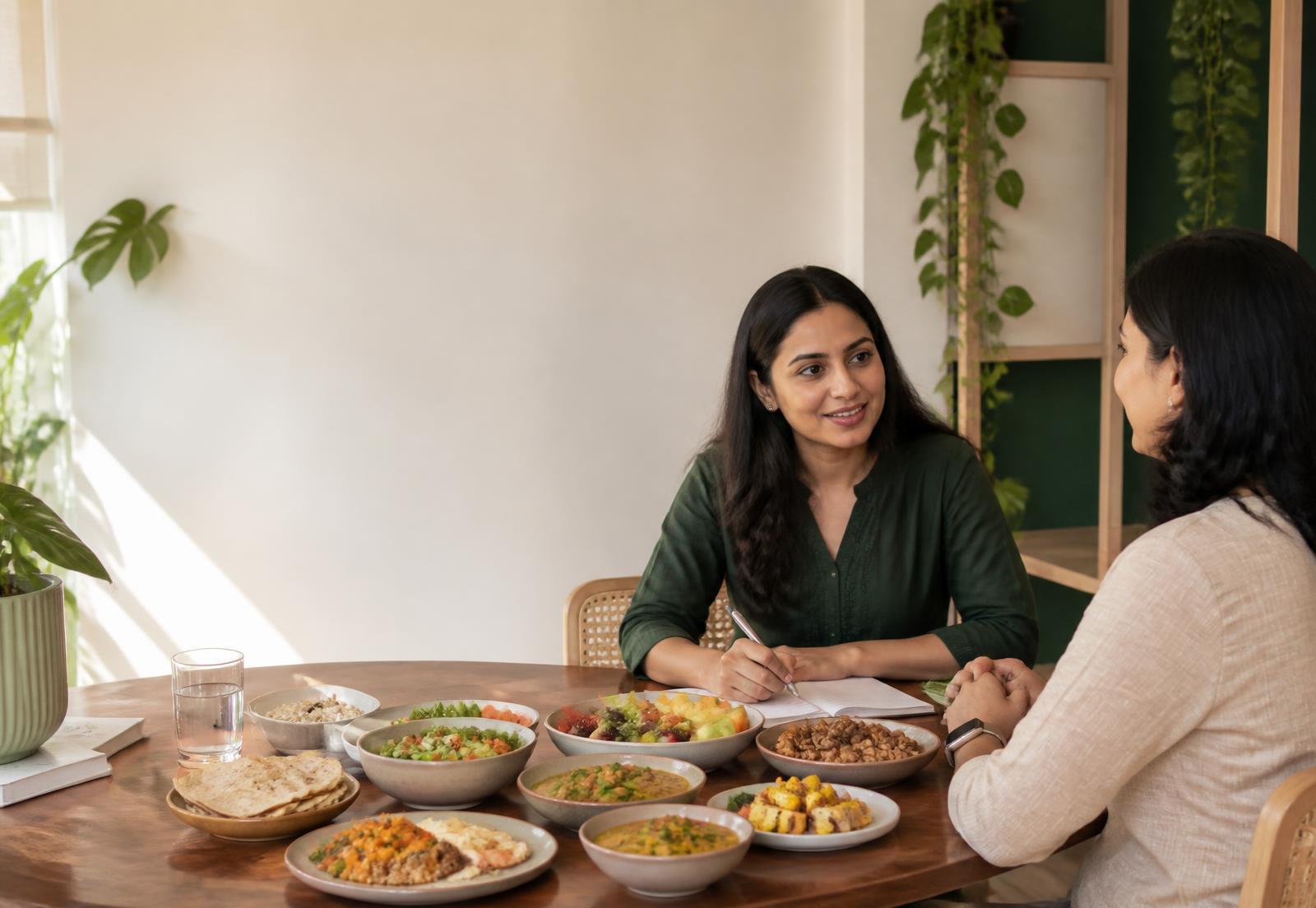 Indian nutrition consultation with balanced home-cooked food