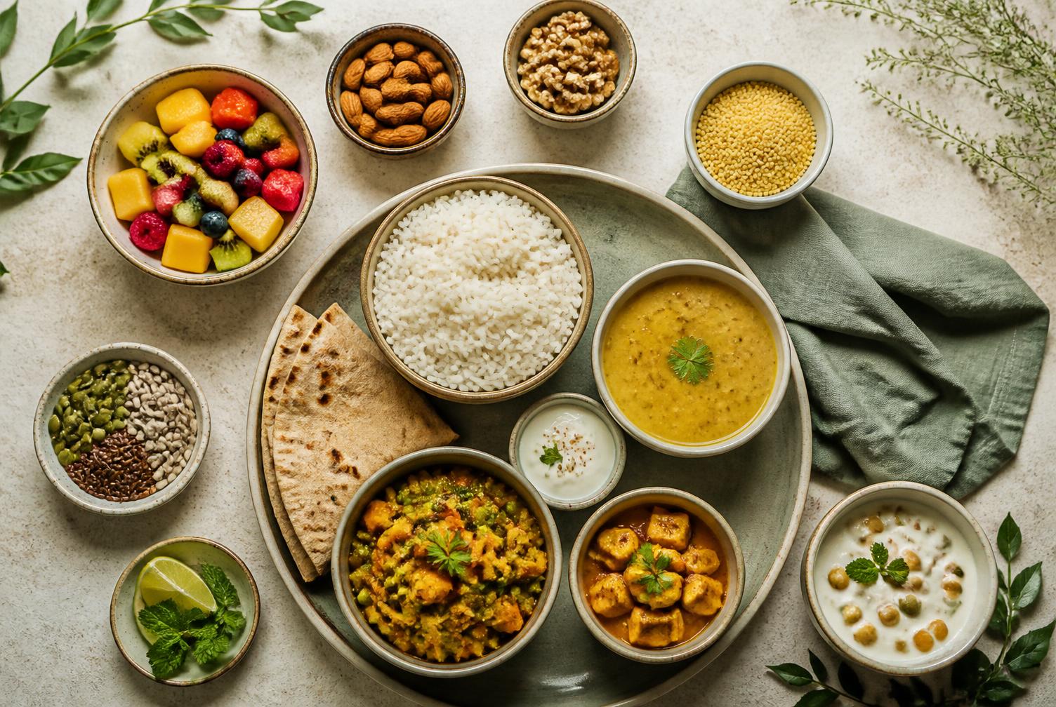 Balanced Indian home-cooked meal with roti, dal, rice, sabzi, paneer, fruit and nuts